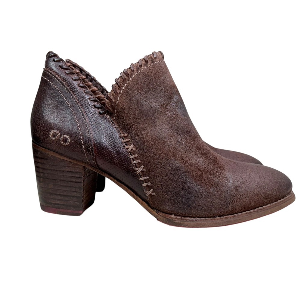 Bed Stu Women Ankle Carla Boots Brown Leather Whipstitch Trim Block Heel Sz 11